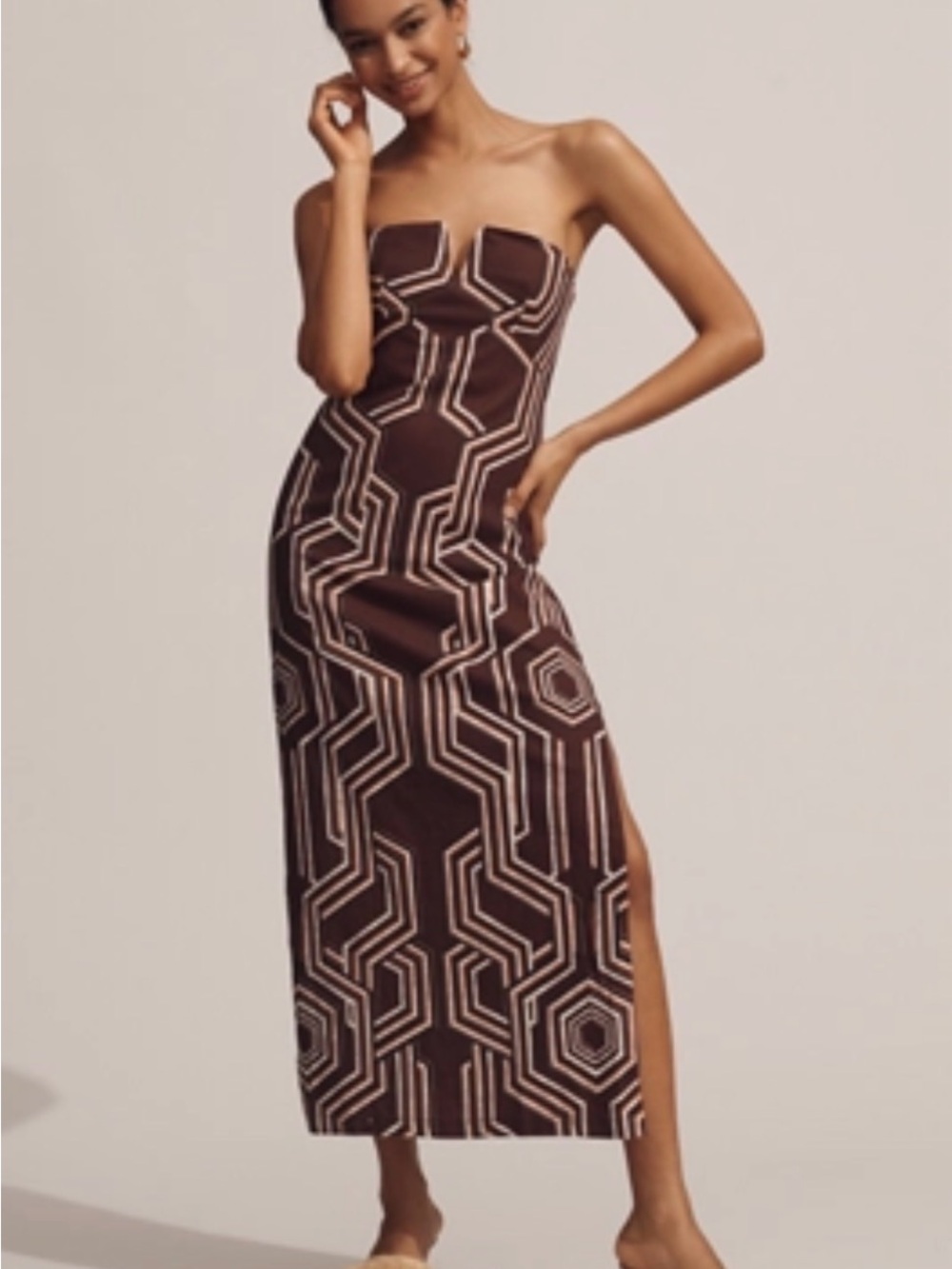 Anthropologie Brown Strapless Geometric Maxi Dress